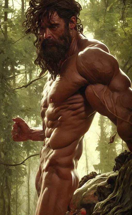 Prompt: god of the forest, 40 years old, rugged, male, gorgeous, detailed face, anatomically correct hands!!!!!!, amazing, thighs!!!!!!, muscular, intricate, highly detailed, digital painting, artstation, concept art, sharp focus, illustration, art by greg rutkowski and alphonse mucha