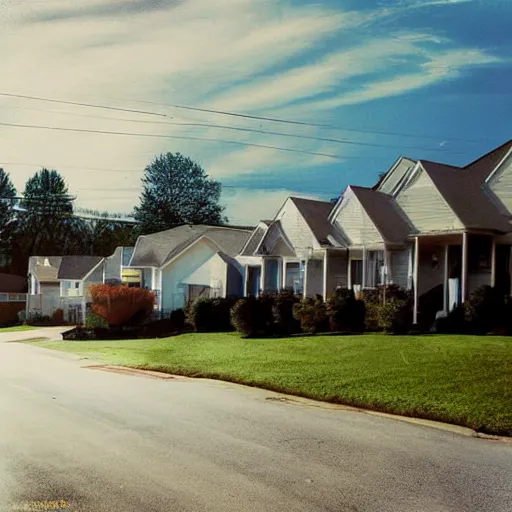 Image similar to liminal space suburban neighborhood, with blue sky, and clouds, very bright day, 2 0 0 8 photograph