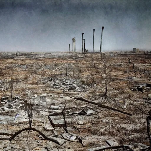 Image similar to barren city, nuclear wasteland, Fallout aesthetic, Anselm Kiefer