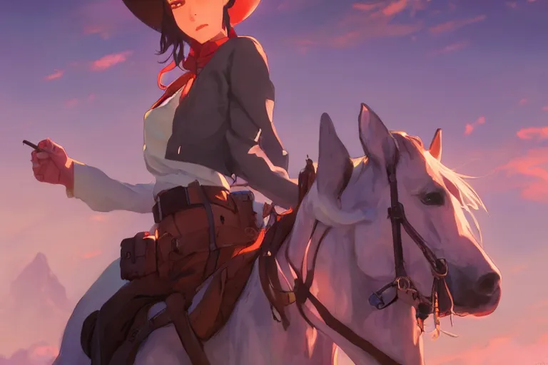 Image similar to western cowgirl, single subject, scenic full shot, ambient lighting, detailed face, by makoto shinkai, stanley artgerm lau, wlop, rossdraws