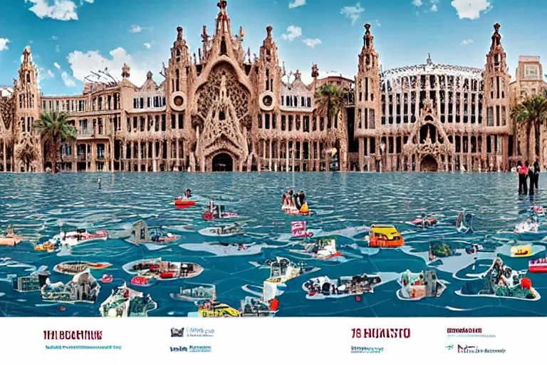 Image similar to touristic brochure of a family visiting a catastrophic barcelona, buildings covered with high water, floating cars, catchy graphic design, photo real