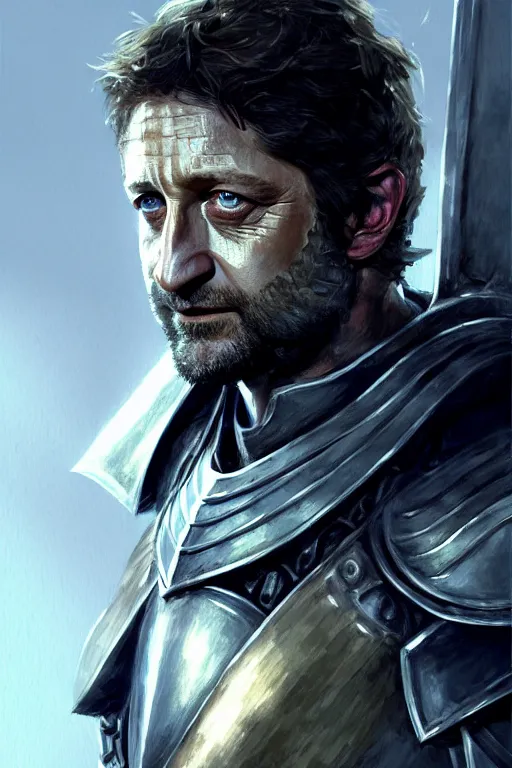 Image similar to portrait gerard butler as a knight with melon armor, greek, intricate, headshot, key visual, conceptart, ambient lighting, highly detailed, digital painting, artstation, concept art, sharp focus, by makoto shinkai and akihiko yoshida and greg manchess