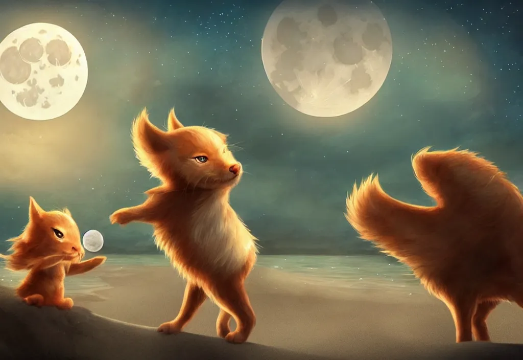 Prompt: cute magical fantasy animals at a beach looking at the moon, ultra realistic, concept art, highly detailed