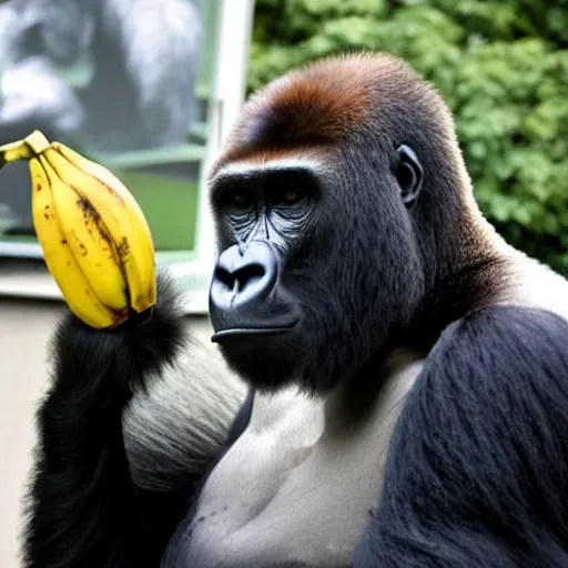 Prompt: A gorilla with banana speaking at a NATO meeting