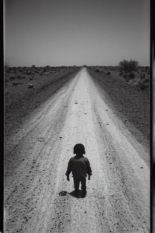 Prompt: photo polaroid of a sad and lonely child in the middle of a road of dry mud, drought, loneliness, black and white ,photorealistic, 35mm film,