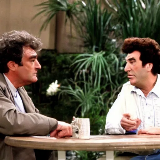 Prompt: columbo and cosmo kramer discussing the finer things of life