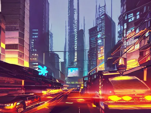 Image similar to a cinematic busy cyberpunk street in a mega city packed with flying vehicles, large mega corp buildings dominate the skyline at dusk by nick hiatt, unreal engine trending on artstation