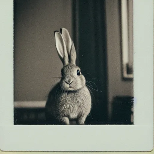 Image similar to a rabbit looking into a mirror, polaroid photograph