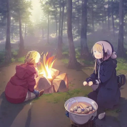 Image similar to anime yuru camp yama no susume cute girls around campfire trending on artstation hyperdetailed shining eyes cute moe Insanely detailed faces Unreal Engine 4k 8k ultra HD illustration digital pixiv concept art Award Winning manga cover by Stanley Artgerm Lau, WLOP, Rossdraws, James Jean, Andrei Riabovitchev, Marc Simonetti, and Sakimichan