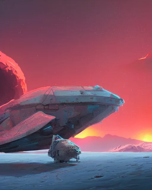 Prompt: legendary space ship, ice fish shape, desert planet, cinematic, highly detailed, scifi, intricate digital painting, sunset, red glow, illustration, artstation, by johnson ting, jama jurabaev