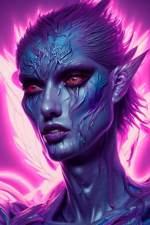 Prompt: hyper detailed ultra sharp of a beautiful azazello is one of the demonic and mystical characters in the work, a negative character in biblical stories, a fallen angel who opposed the will of god. various reference for artists, facial expressions, trending on artstation, neon colors, hyper detailed, digital art, cinematic lighting, concept art by artgerm, 8 k