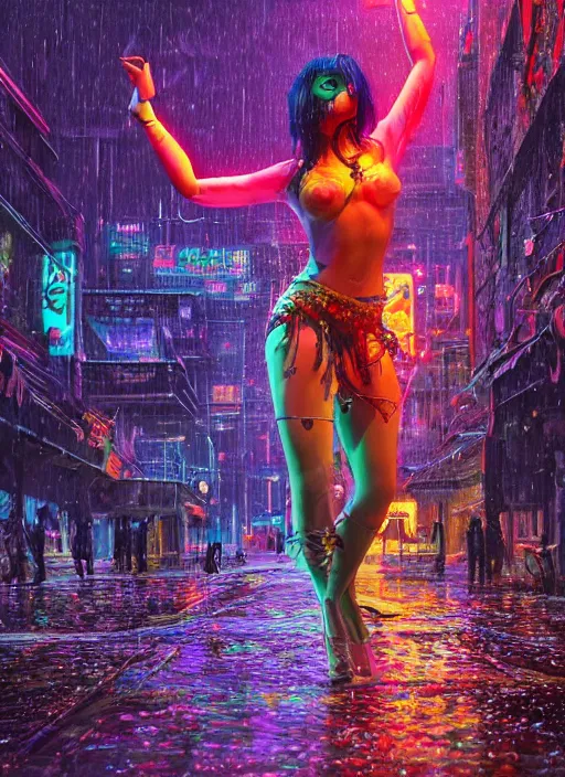 Image similar to An epic fantasy comic book style full body portrait painting of a very beautiful cyberpunk Hula Dancer in the rain, neon reflections in the rain puddles, character design by Mark Ryden and Pixar and Hayao Miyazaki, unreal 5, DAZ, hyperrealistic, octane render, cosplay, RPG portrait, dynamic lighting, intricate detail, cinematic