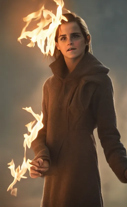 Prompt: Emma Watson casting a fire spell. Character designt trending on gsociety. 4k. Moody light.