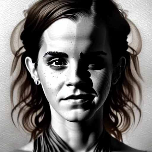 Image similar to Very funny Emma Watson looking like an old monkey, colorful painting on grey scale face, powerful , magic, thunders, dramatic lighting, intricate, wild, highly detailed, digital painting, artstation, concept art, smooth, sharp focus, illustration, art by artgerm and greg rutkowski and alphonse mucha, footage