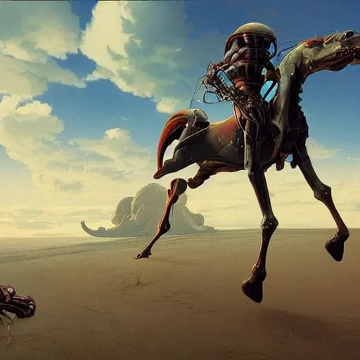 Prompt: carnivorous cyborg horses galloping across a blasted plain. c. leyendecker, simon stalenhag, studio ghibli, barlowe, audobon and beksinski