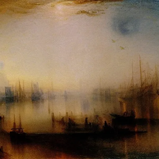 Prompt: A scenic view of river and ships by JMW Turner