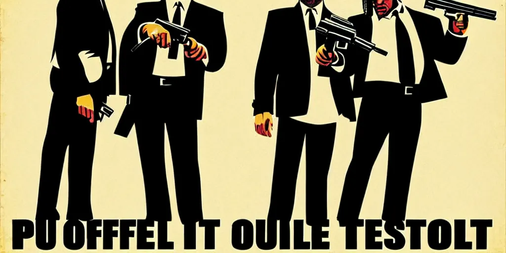 Image similar to pulp fiction poster, gun, motorcycle, poster style,