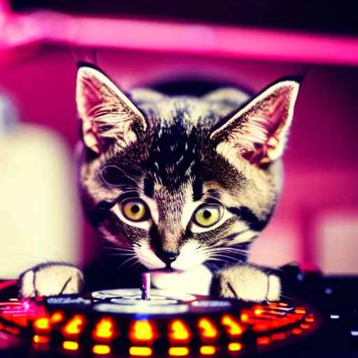 Prompt: a photo of a kitten DJing at a disco, cat, music, DJ, vinyl, headphones, dance