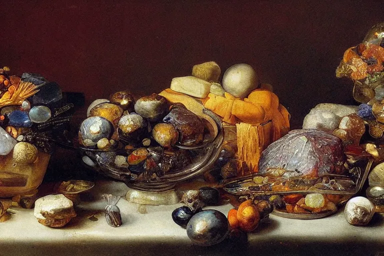 Prompt: crystals and gemstones that look like a thanksgiving feast, the food is made out of crystals and rocks, hyperrealism, 8 k, dutch masters, art by rembrandt