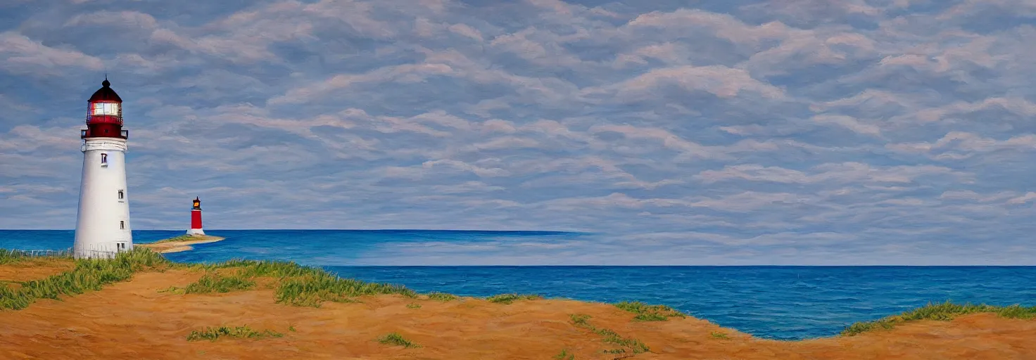 Image similar to super detailed acrylic painting of Prince Edward Island with ocean,a single lighthouse and sand dunes.