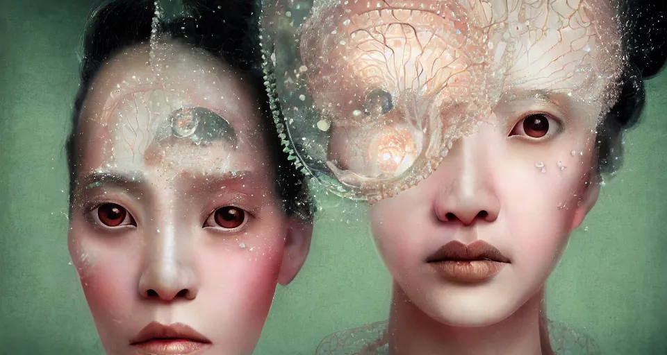 Image similar to closeup shot of asian female wearing a luminous soft fragile jelly fish dress, symmetrical face, by ray caesar, by louise dahl wolfe, by andrea kowch, by anna claren, surreal photography