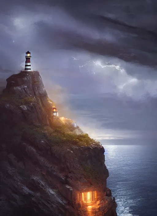 Image similar to light house on a cliff in a thunderstorm at night, dramatic lighting, cinematic, establishing shot, extremly high detail, photo realistic, cinematic lighting, post processed, concept art, artstation, matte painting, style by eddie mendoza, raphael lacoste, alex ross