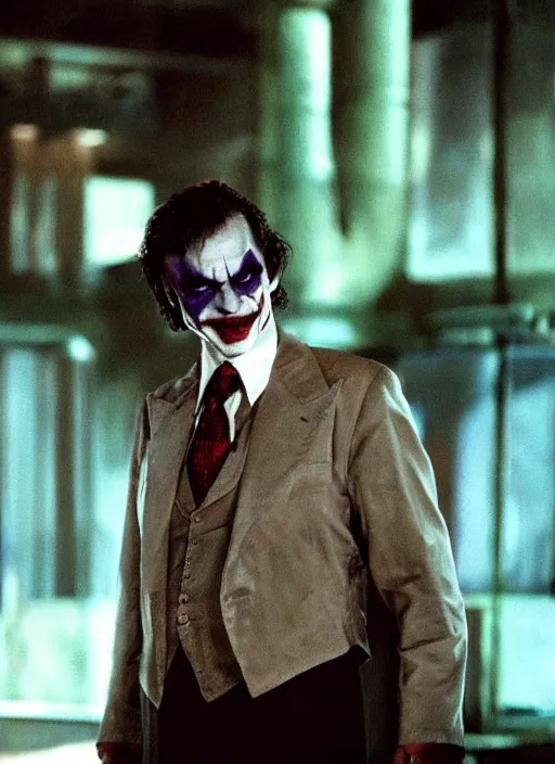 Image similar to film still of tom selleck as the joker in the dark knight, 4 k