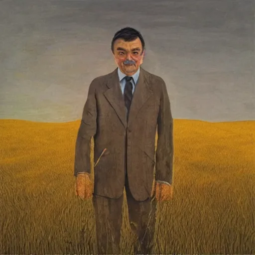 Prompt: “An Andrew Wyeth painting of Mr. Bean in a field of wheat at sunset”