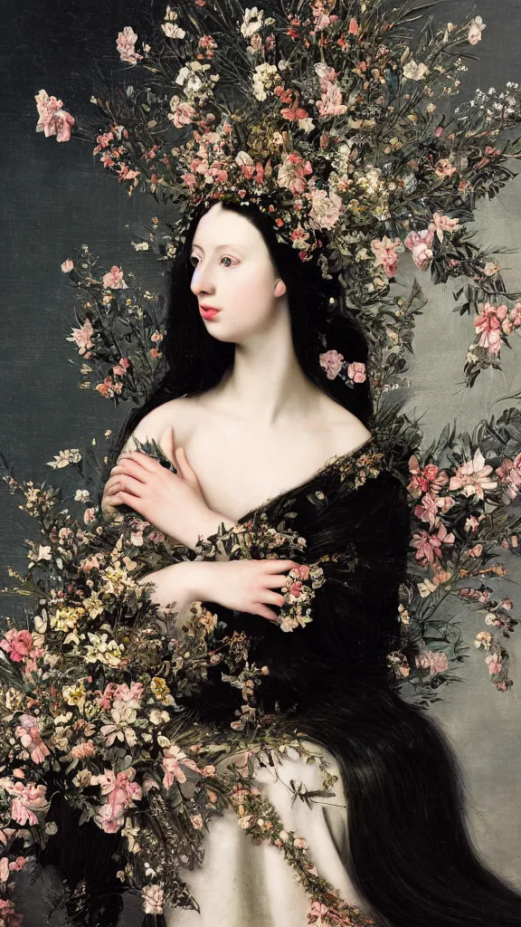 Image similar to a closeup portrait of a beautiful black haired woman with pale skin and a crown on her head sitted on an intricate metal throne, in an infinite landscape of flowers, photograph by caravaggio, canon eos c 3 0 0, ƒ 1. 8, 3 5 mm, 8 k, medium - format print