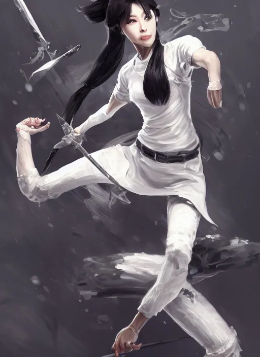 Image similar to a highly detailed illustration of fierce messy ponytail black haired one armed delinquent japanese woman wearing white cap wearing long white jacket, dramatic wielding sword pose, muscular, intricate, elegant, highly detailed, centered, digital painting, artstation, concept art, smooth, sharp focus, league of legends concept art, wlop.