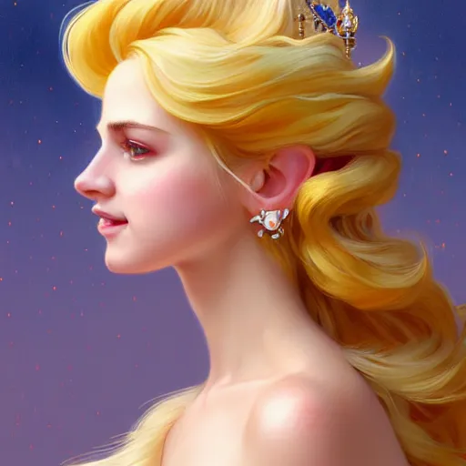 Image similar to portrait of princess peach from the mushroom kingdom, nose ring, upper body, blonde hair, long hair, joyful smirk, intricate, elegant, highly detailed, digital painting, artstation, concept art, matte, sharp focus, illustration, art by artgerm and greg rutkowski and alphonse mucha