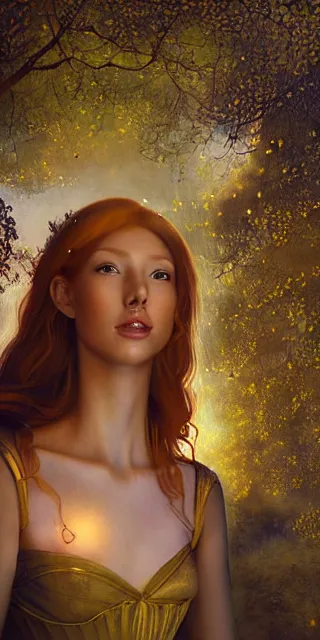 Image similar to mystical scene, fully covering intricate dress, young woman, fit body, serene smile surrounded by golden firefly lights amidst nature, long red hair, precise linework, accurate green eyes, small nose with freckles, beautiful smooth oval shape face, empathic, expressive emotions, hyper realistic ultrafine art by artemisia gentileschi, jessica rossier, boris vallejo