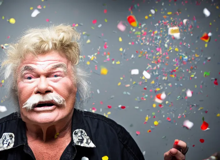 Image similar to photo still of rip taylor in a jail cell!!!!!!!! at age 5 4 years old 5 4 years of age!!!!!!! throwing confetti from a bucket, 8 k, 8 5 mm f 1. 8, studio lighting, rim light, right side key light