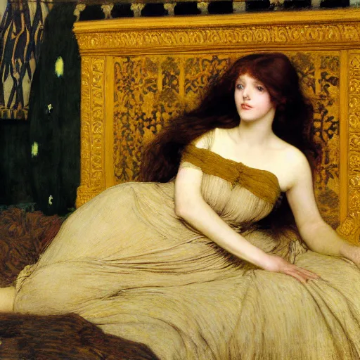 Image similar to preraphaelite photography reclining on bed, a hybrid of judy garland and ada lovelace, aged 2 5, big brown fringe, yellow ochre ornate medieval dress, john william waterhouse, kilian eng, rosetti, john everett millais, william holman hunt, william morris, 4 k