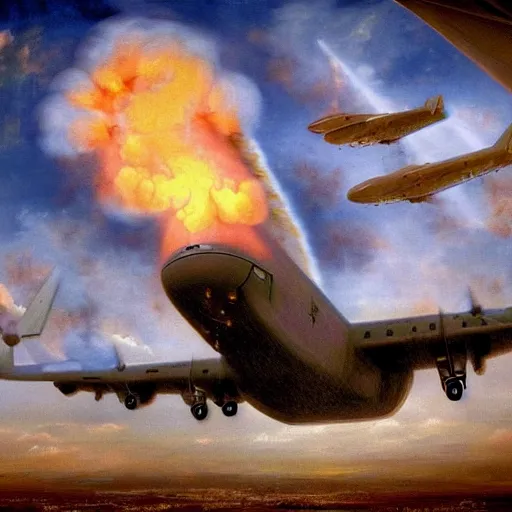 Image similar to photo - realistic beautiful baroque painting of a c - 1 3 0 exploding in the sky hyperrealism magical realism fantasy realm 8 k