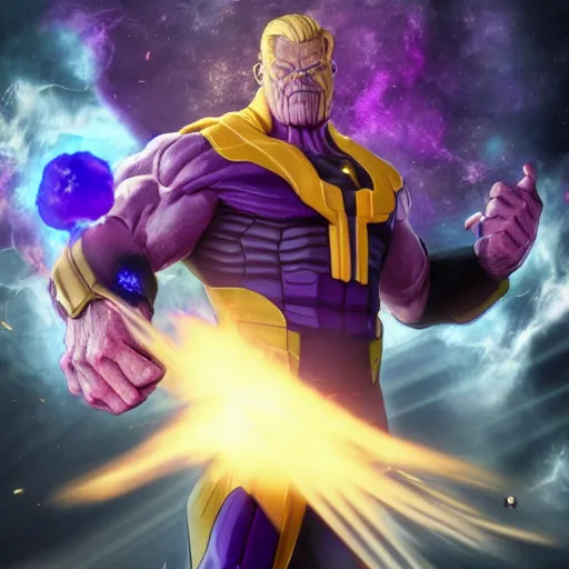 Prompt: thanos going super sayain, au naturel, hyper detailed, digital art, trending in artstation, cinematic lighting, studio quality, smooth render, unreal engine 5 rendered, octane rendered, art style by klimt and nixeu and ian sprigger and wlop and krenz cushart
