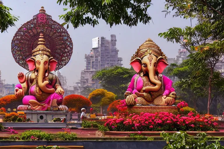 Image similar to magnificent futuristic new delhi, sharp biophilic ganesha!! building, kalighat flowers, highly detailed, stephen shore & john j. park, cinematic light, wide shot, ground angle, uhd 8 k, sharp focus