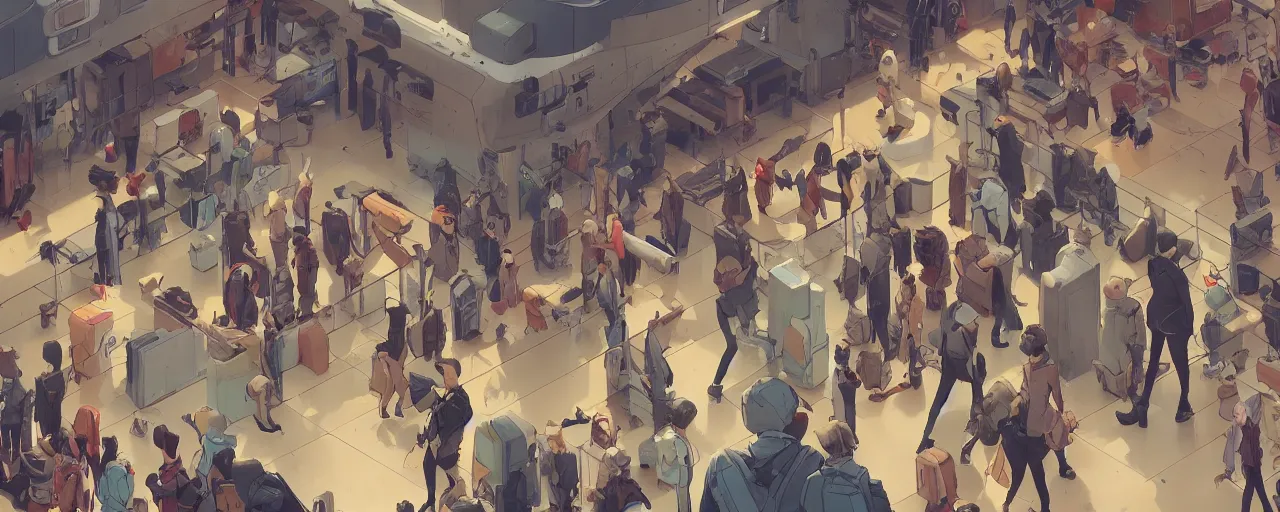 Image similar to inside a crowded dystopian airport behance hd artstation by jesper ejsing, by rhads, makoto shinkai and lois van baarle, ilya kuvshinov, ossdraws, that looks like it is from borderlands and by feng zhu and loish and laurie greasley, victo ngai, andreas rocha