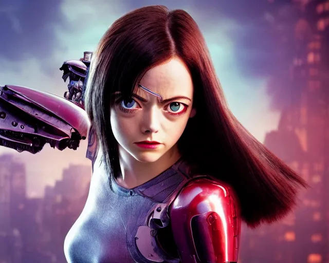 Image similar to a film still from battle angel alita played by actress emma stone, portrait, beautiful, cinematic lighting, photorealistic, hyperrealistic, highly detailed, close - up, high resolution, 4 k