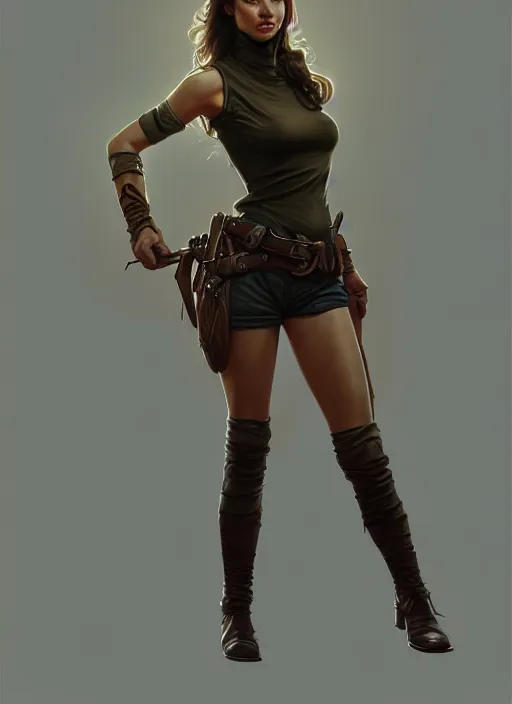 Image similar to portrait of a full body of beautiful young female detective, d & d, sleeveless turtleneck, fantasy, flat lighting, intricate, highly detailed, digital painting, artstation, concept art, smooth, sharp focus, illustration, adriana lima, art by simon bisley and greg rutkowski and alphonse mucha, natural tpose