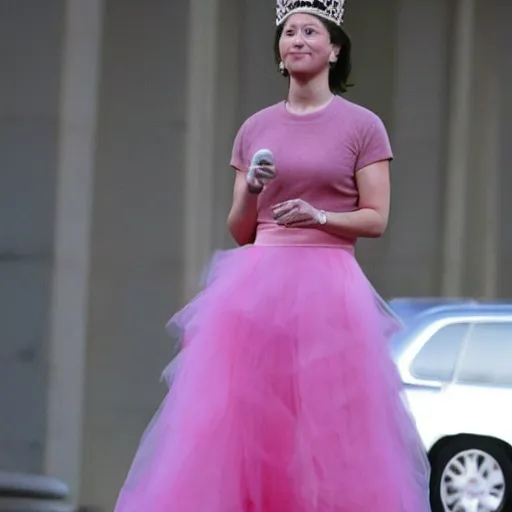 Image similar to mark zuckerberg wearing a poofy pink dress and a tiara