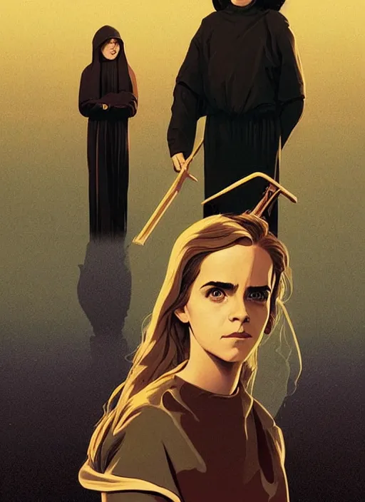 Image similar to poster artwork by Michael Whelan and Tomer Hanuka, Karol Bak of Emma Watson nun, realizing she has feelings for scientist Kiernan Shipka, from scene from Twin Peaks, clean