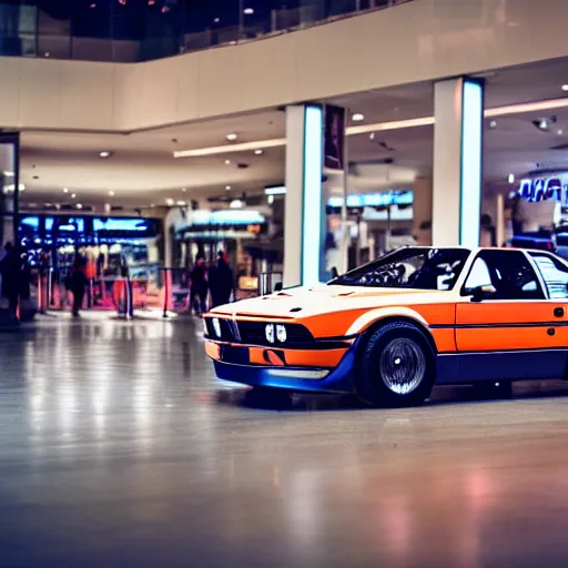 Image similar to bmw m 1 inside a mall, professional photography, vaporwave