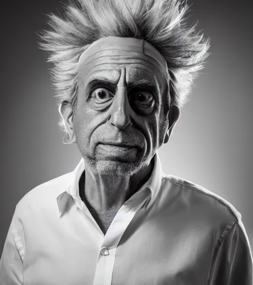 Prompt: professional photograph of a portrait of Rick Sánchez from Rick and Morty, black and white, studio lighting