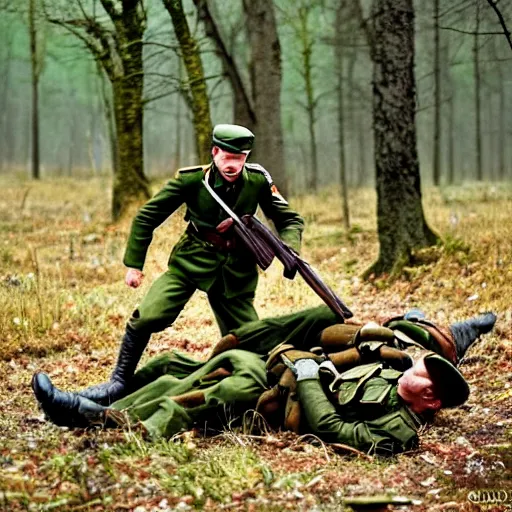 Image similar to ww 2 battlefield encounter in the woods between a german and a soviet soldier