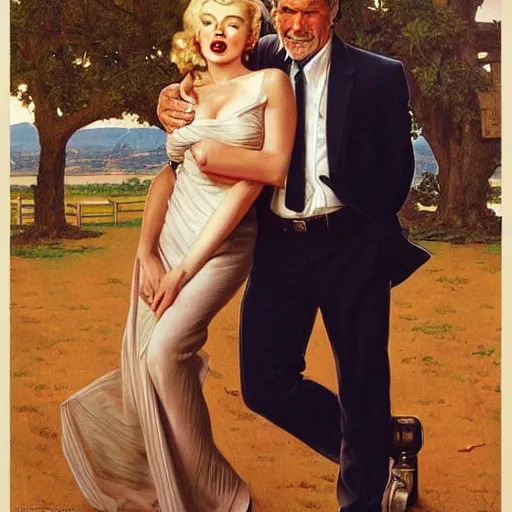 Image similar to a beautiful portrait of Harrison ford and his secretary Marilyn Monroe with long golden blond curly hair gazing warmly at the viewer, golden hour, cool tones, pale skin, by J.C Leyendecker and Norman Rockwell