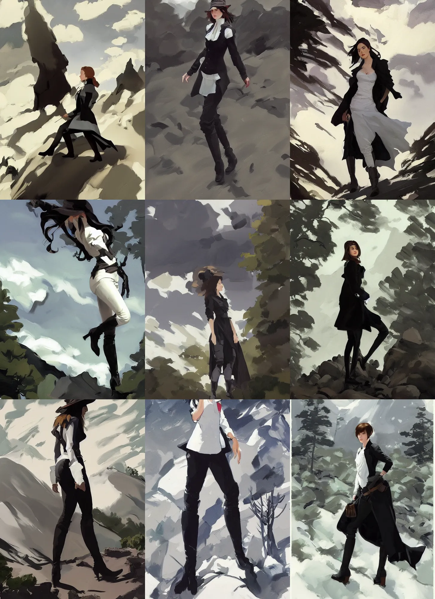 Prompt: black white cloth fabric jodhpurs knee high boots travel coat fashion, solo hiking in mountains trees, clouds, greg manchess painting by sargent and leyendecker, studio ghibli, fantasy, asymmetrical, intricate, elegant, matte painting, illustration, hearthstone, by greg rutkowski, by greg tocchini, by james gilleard, by joe fenton