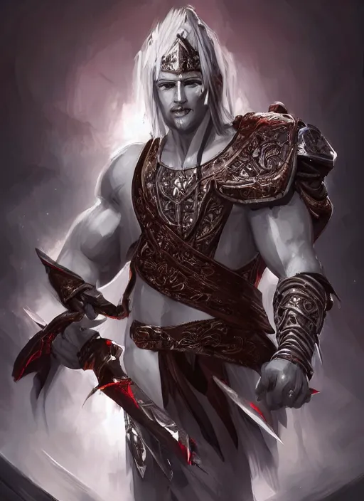 Image similar to a highly detailed illustration of sadistic white slick backed haired african warrior wearing priest robe with cross on chest, wielding blades made of blood, evil standing smiling pose, muscular, intricate, elegant, highly detailed, centered, digital painting, artstation, concept art, smooth, sharp focus, league of legends concept art, WLOP