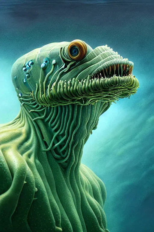 Image similar to hyperrealistic close-up surrealism underwater creature monster!! highly detailed concept art eric zener elson peter cinematic hard green lighting high angle hd 8k sharp shallow depth of field, inspired by David Paul Cronenberg and Zdzisław Beksiński