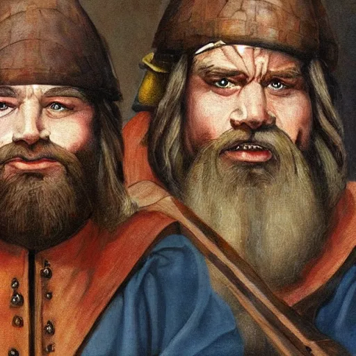 Prompt: Realistic, portrait, three Dwarf Brothers, dungeons and Dragons, medieval painting